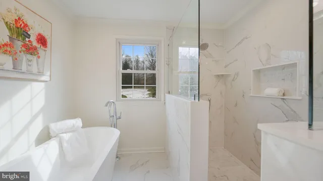 a bathroom with a bathtub and a shower
