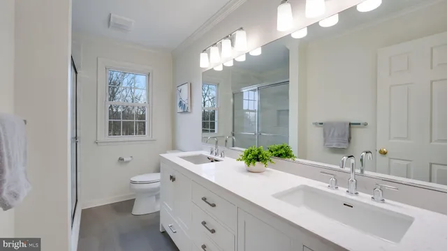 a bathroom with a double vanity sink mirror and toilet
