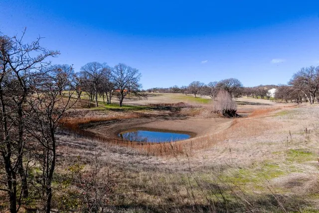 a view of a lake with beach and trees in the background