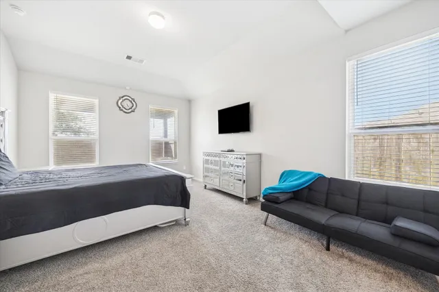 a bedroom with a bed a couch and a flat tv screen