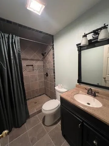 a bathroom with a sink a toilet a mirror and shower