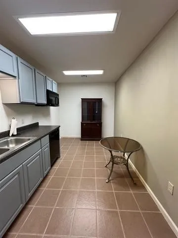 a kitchen with a sink a counter and cabinets