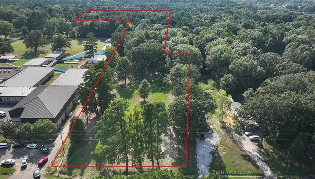 an aerial view of residential houses with outdoor space and trees