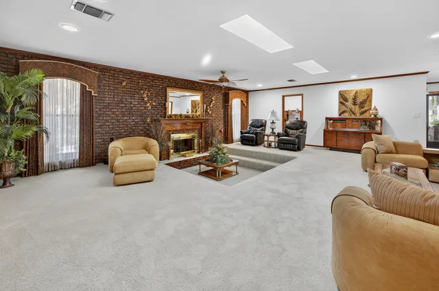 a living room with furniture flowerpot and a fireplace