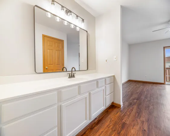 a bathroom with a double vanity sink and a mirror