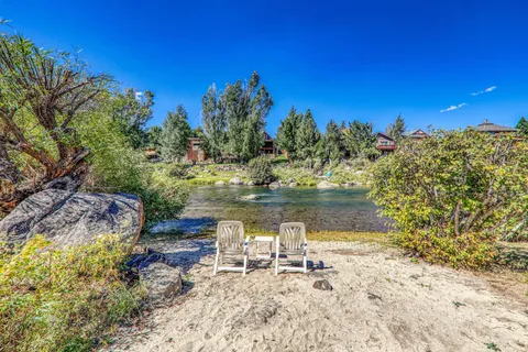 a lake view with tall trees