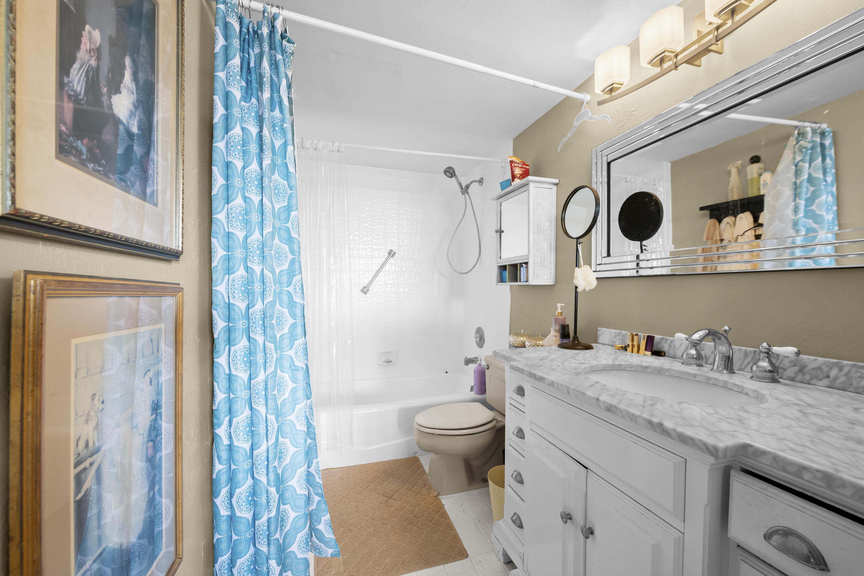 800 Jeffery Street, Unit 204 Boca Raton, FL 33487 - Photo 19 of 36 a bathroom with a granite countertop sink a toilet and a shower curtain