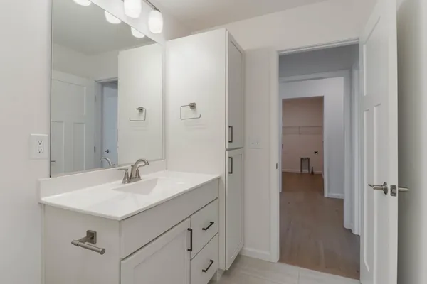 a bathroom with a sink vanity and mirror