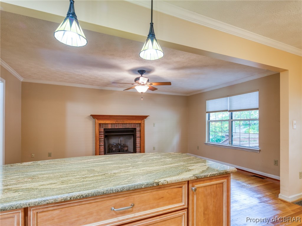 6 Ruth Circle Hampton, VA 23666 - Photo 19 of 50 Kitchen with light wood-type flooring, a fireplace, hanging light fixtures, light stone countertops, and ornamental molding