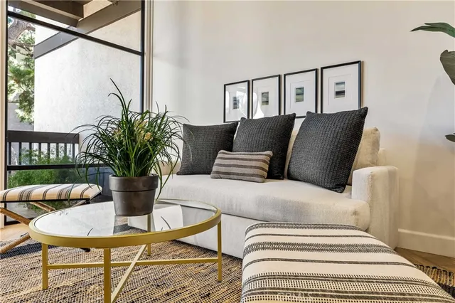 a living room with a couch and a potted plant