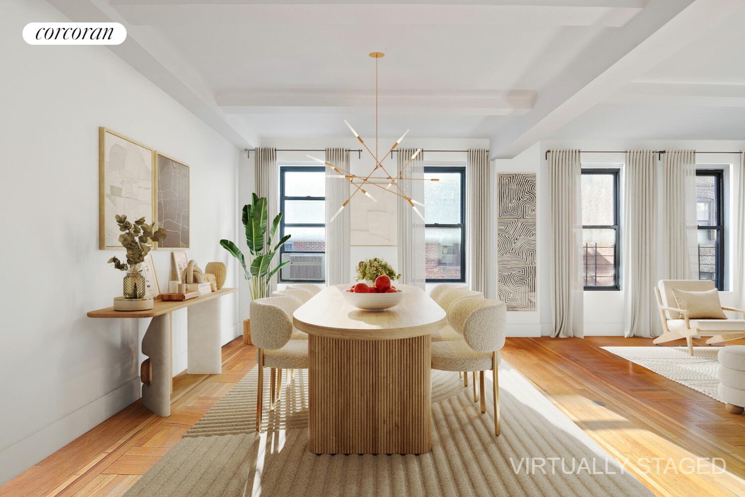 18 West 70th Street, Unit 8C Manhattan, NY 10023 - Photo 2 of 26 a dining room with wooden floor and large windows
