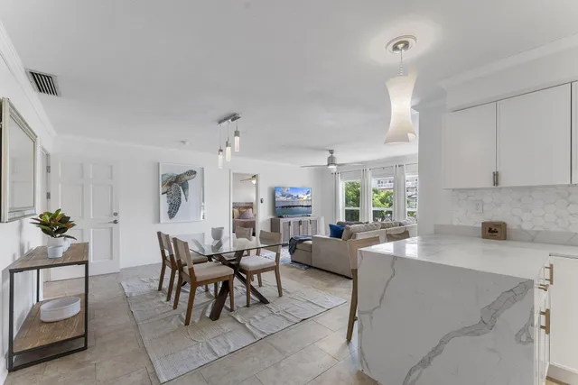 a view of a dining room with furniture