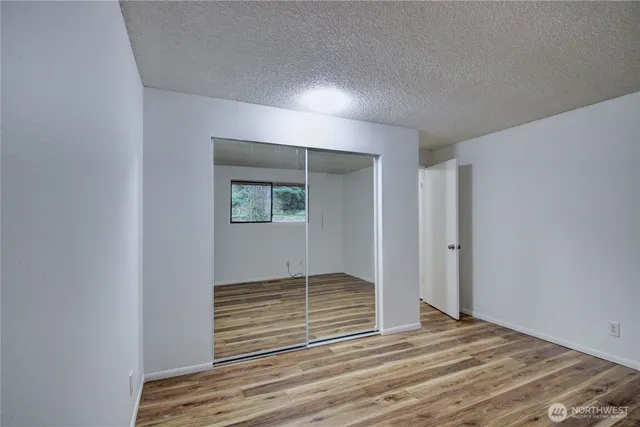 a view of wooden floor and closet in a room
