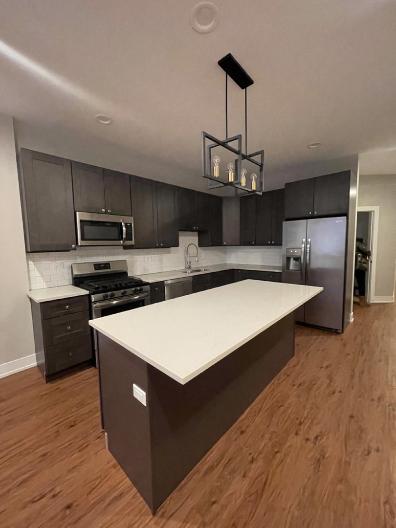 215 South Hamilton Avenue, Unit 1N Chicago, IL 60612 - Photo 3 of 23 a large kitchen with stainless steel appliances a large counter top a stove and a refrigerator