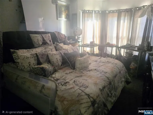 a large bed sitting in a bedroom next to a window