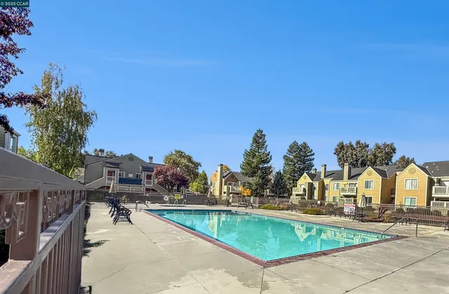 a view of a swimming pool and lounge chairs