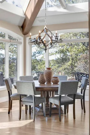a view of a dining room with furniture window and wooden floor