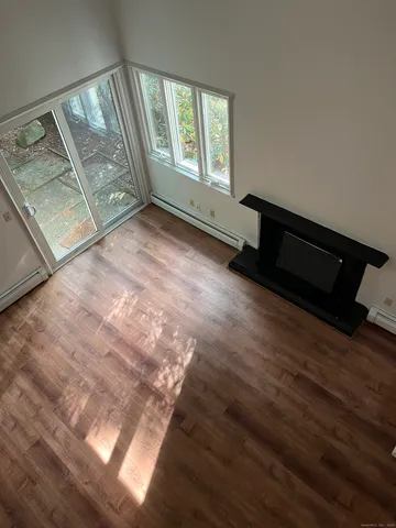 a view of an empty room and wooden floor and windows