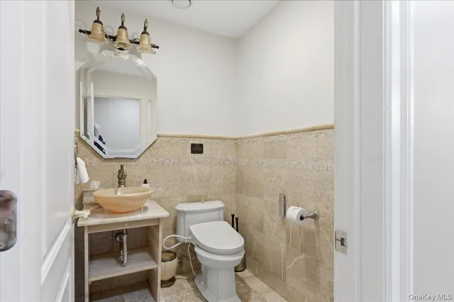 a bathroom with a sink a toilet and mirror