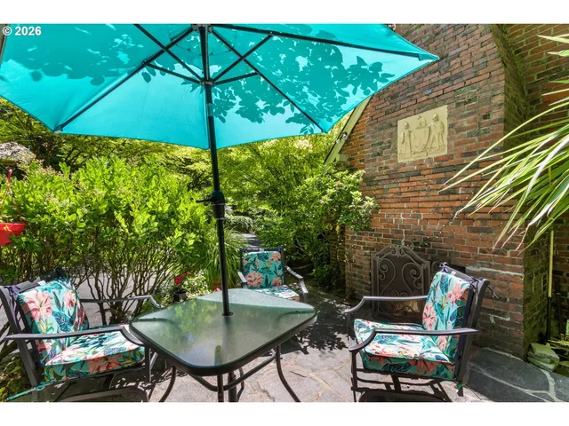 a backyard of a house with table and chairs