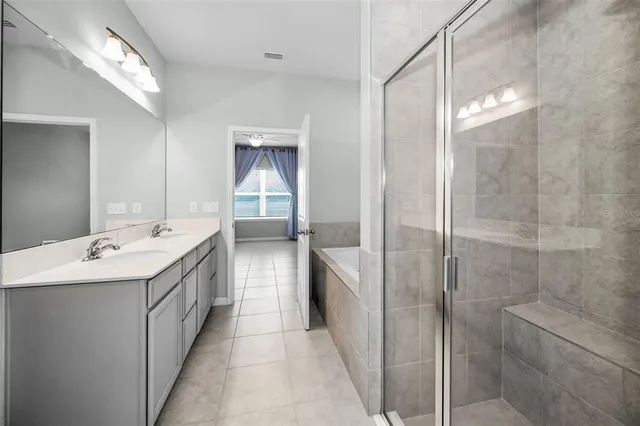 a bathroom with a double vanity sink mirror and shower