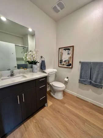a spacious bathroom with a double vanity sink toilet and a mirror