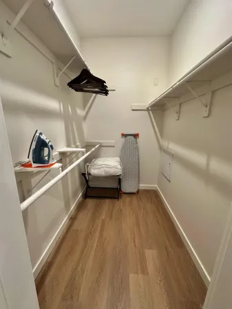 a view of a room with racks on the wall