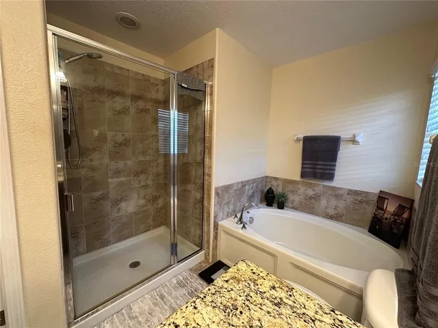 a bathroom with a bathtub and a shower