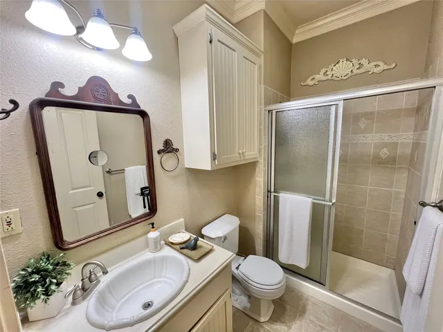 a bathroom with a sink mirror and toilet