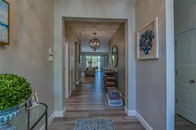 a hall way with furniture and a potted plant