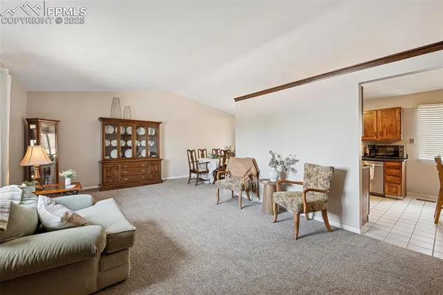 a living room with furniture and a kitchen