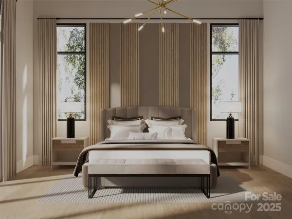 a bedroom with a large bed and a large window with outer view