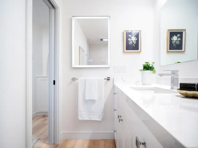 a bathroom with a sink a mirror and a shower