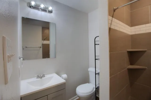 a bathroom with a toilet a sink and mirror