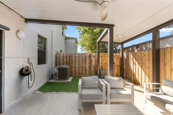 a backyard of a house with table and chairs