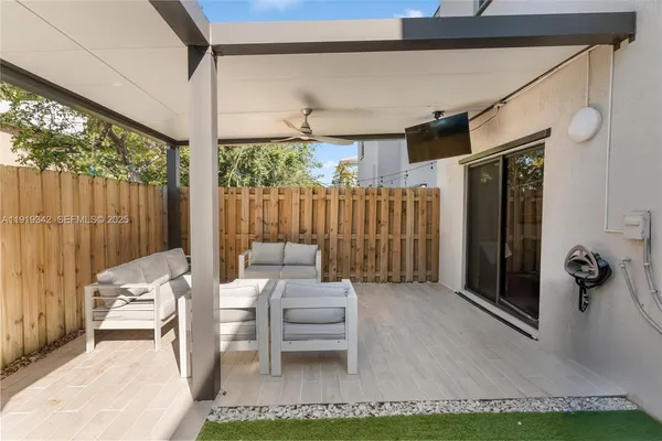 a view of a dining room with furniture