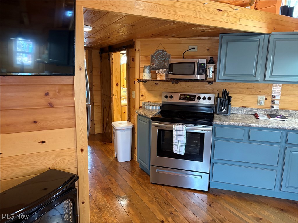 5919 Lake Road West, Unit 13 Ashtabula, OH 44004 - Photo 11 of 35 Kitchen with appliances with stainless steel finishes, blue cabinetry, dark wood finished floors, wooden walls, and wooden ceiling