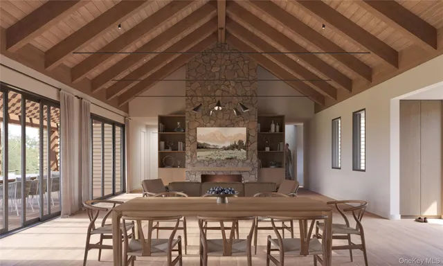 a view of a dining room with furniture and window