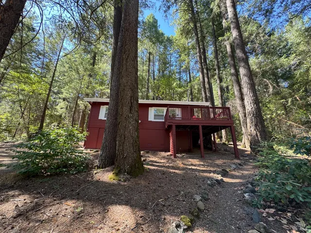 a view of a barn with large trees plants and large trees