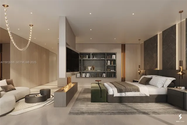 a large bedroom with a large bed and furniture