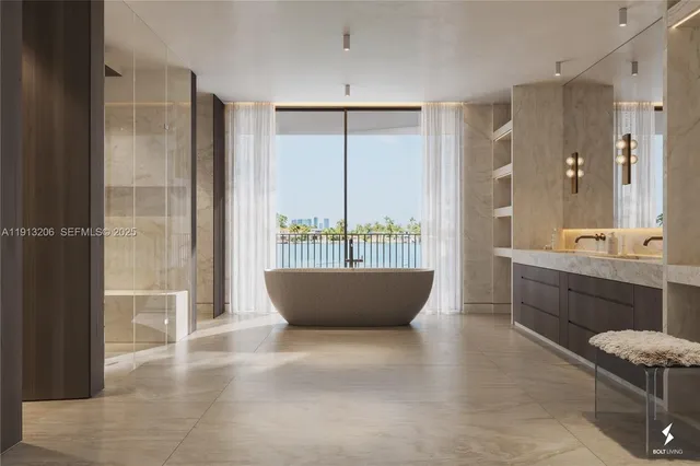 a spacious bathroom with a tub shower and sink