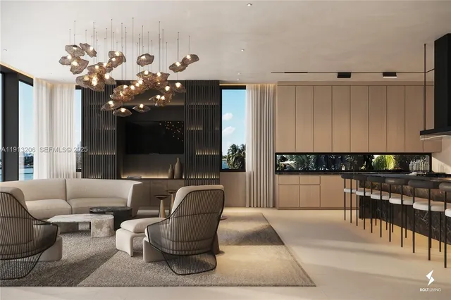 a living room with furniture flowerpot and a chandelier