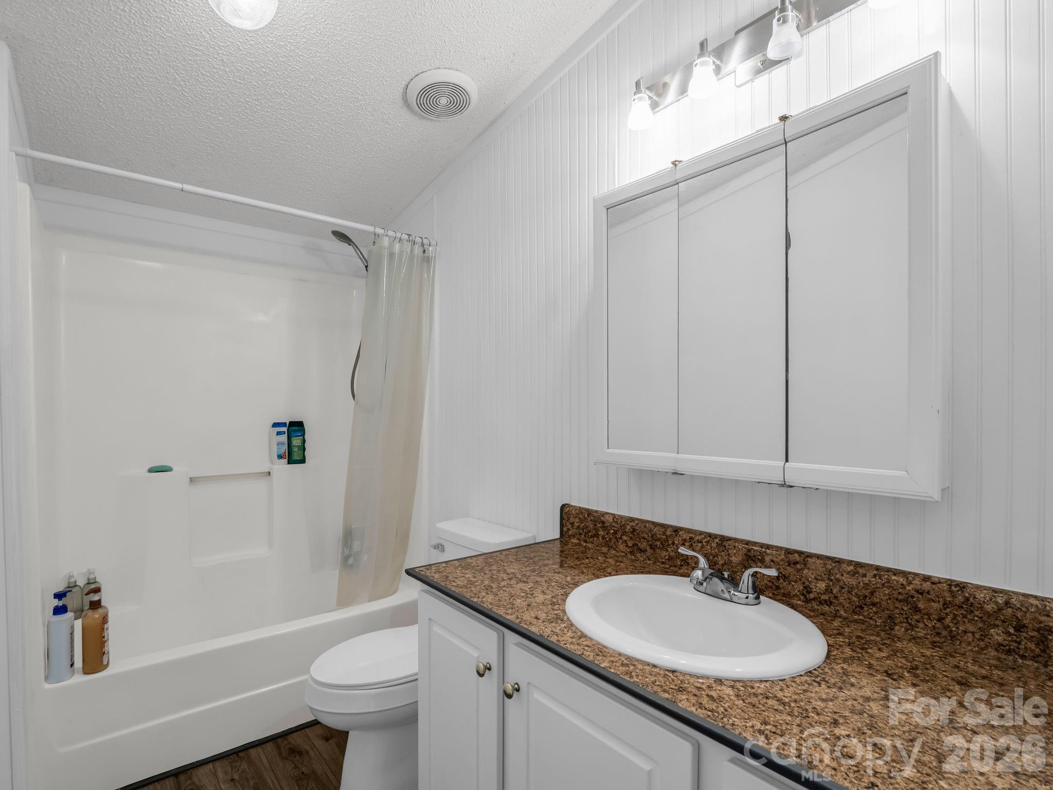 2053 Nancy Mountain Road Rosman, NC 28772 - Photo 37 of 47 a bathroom with a granite countertop sink toilet a mirror and shower