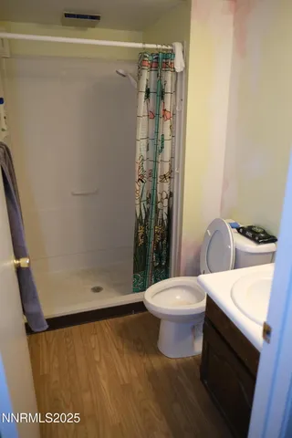 a bathroom with a shower a toilet and a sink