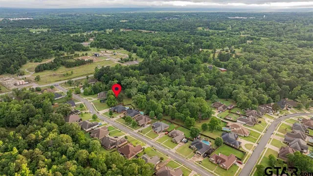 an aerial view of residential houses with outdoor space and trees