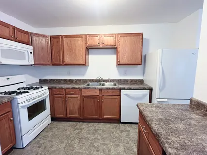 a kitchen with stainless steel appliances granite countertop a stove a sink and a microwave