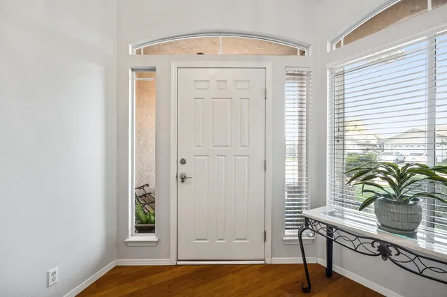 a view of a hallway to a potted plant