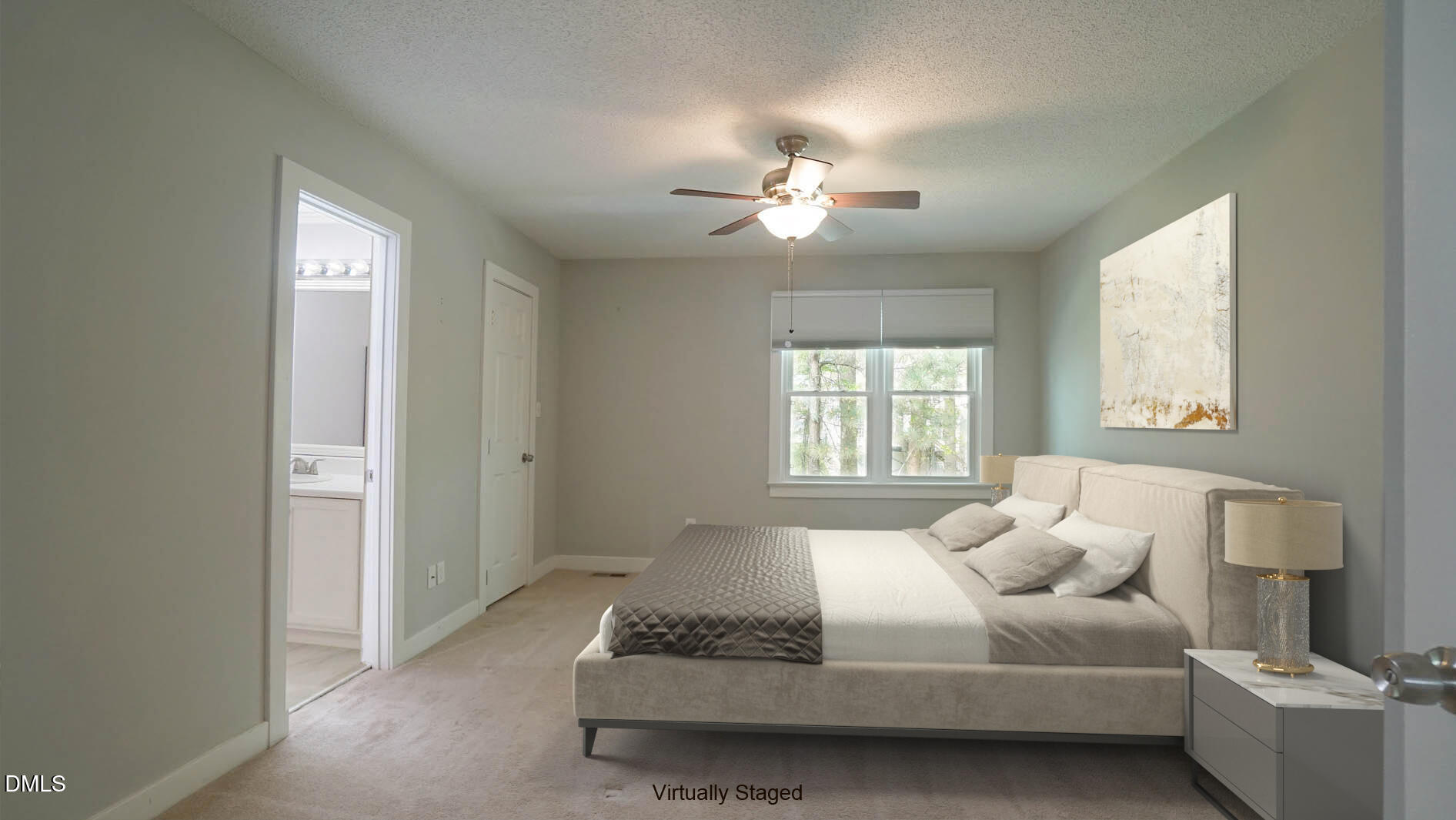 1427 Quarter Point Raleigh, NC 27615 - Photo 17 of 38 a spacious bedroom with a bed and a chandelier