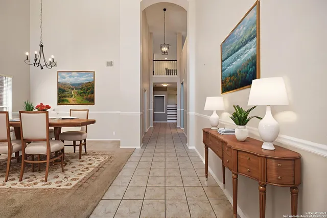 a dining room with furniture