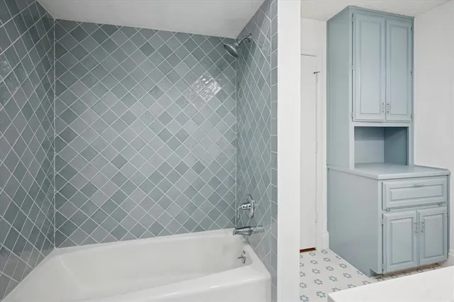 a bathroom with a bathtub and a shower